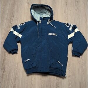 Rare Vintage 90s STARTER Penn State Nittany Lions Hooded Puffer Jacket Navy L XL